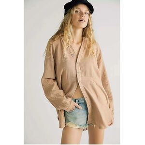 Free People Summer Daydream Buttondown Long Sleeve Top Size XS Tan